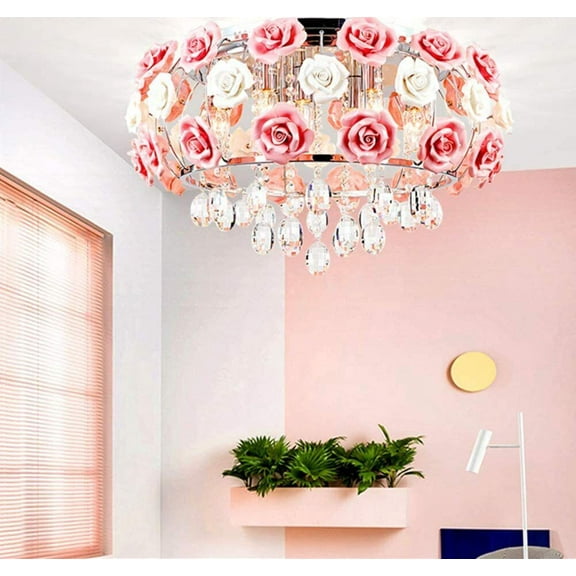 KPIBEST 19.7 inch Crystal Chandelier Ceiling Light, Modern Romantic Ceramics Rose Decoration, Hanging Lighting Semi Flush Mount Fixtures with 5 E12 Base, Fix for Dining/Living Room Bedroom