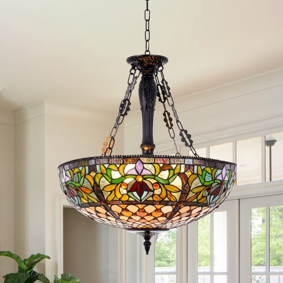 KPIBEST 20 Inch 5 Light Tiffany Style Stained Glass Ceiling Chandelier Vintage Chandelier