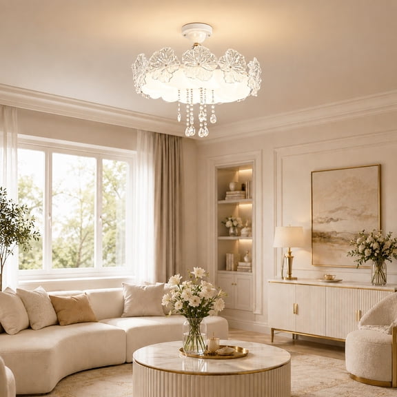 KPIBEST 22.04-Inch Vintage French Cream Style Flower Crystal Flush Mount Ceiling Light for Living Room Bedroom Foyer Hallway Balcony Art Decorative Ceiling Lamp