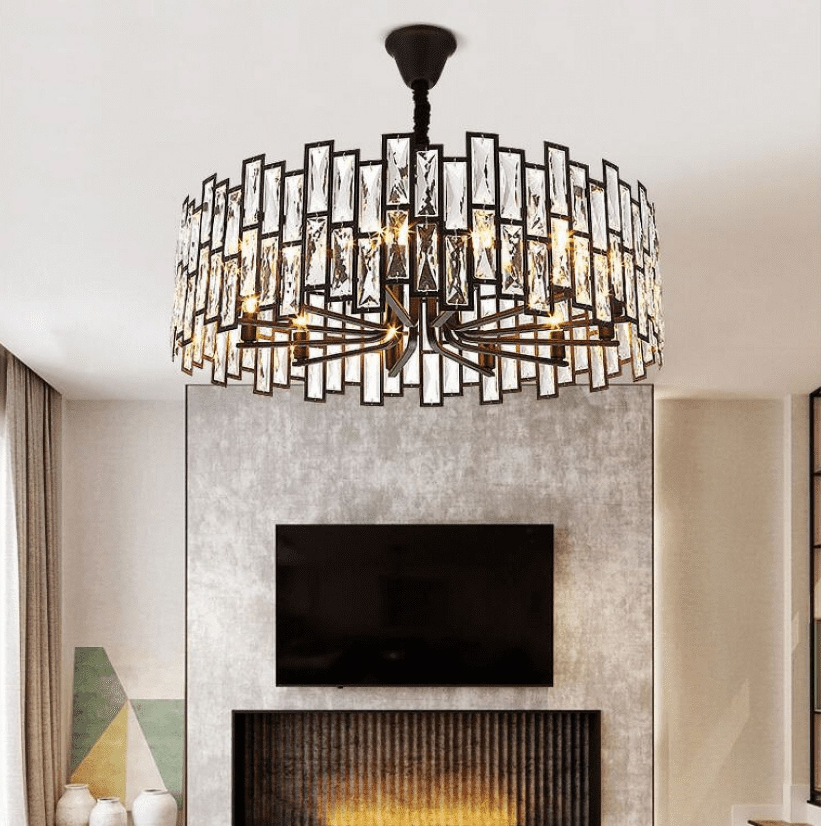 KPIBEST 23.6” 6-Light Modern Crystal Chandeliers Black Dinning Room Light Fixture, Round Pendant Light Kitchen Island Chandelier, Flush Mount Ceiling Light for Living Room Entryway Bedroom Foyer