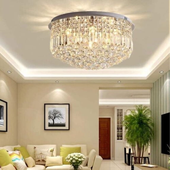 KPIBEST 23.6" Modern Crystal Chandelier for Dining Room Round Raindrop Chandeliers for Living Room Flush Mount Ceiling Light Fixture for Bedroom