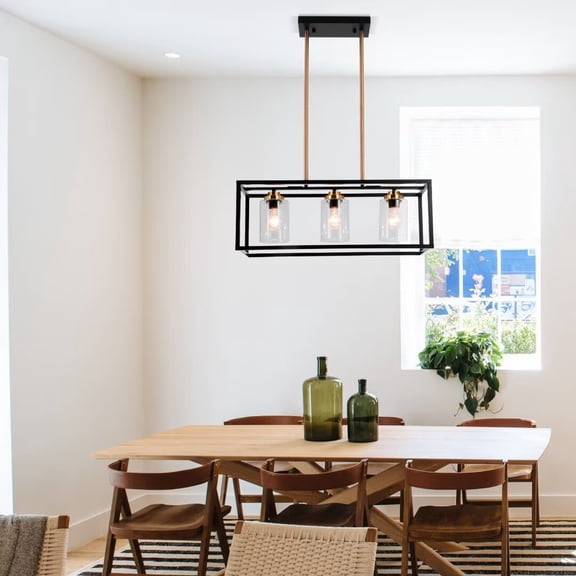KPIBEST 3 Lights Black Linear Chandeliers, Modern Rectangular Dining Room Light with Clear Glass Shade for Kitchen Island Dining Bar and More