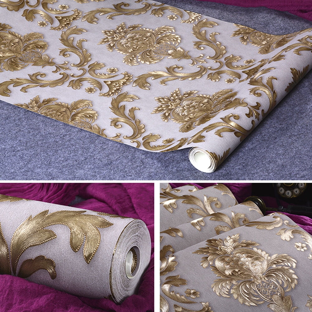 KPIBEST 32.8ft*1.78ft Luxury Metallic Gold Textured Damask Wallpaper ...