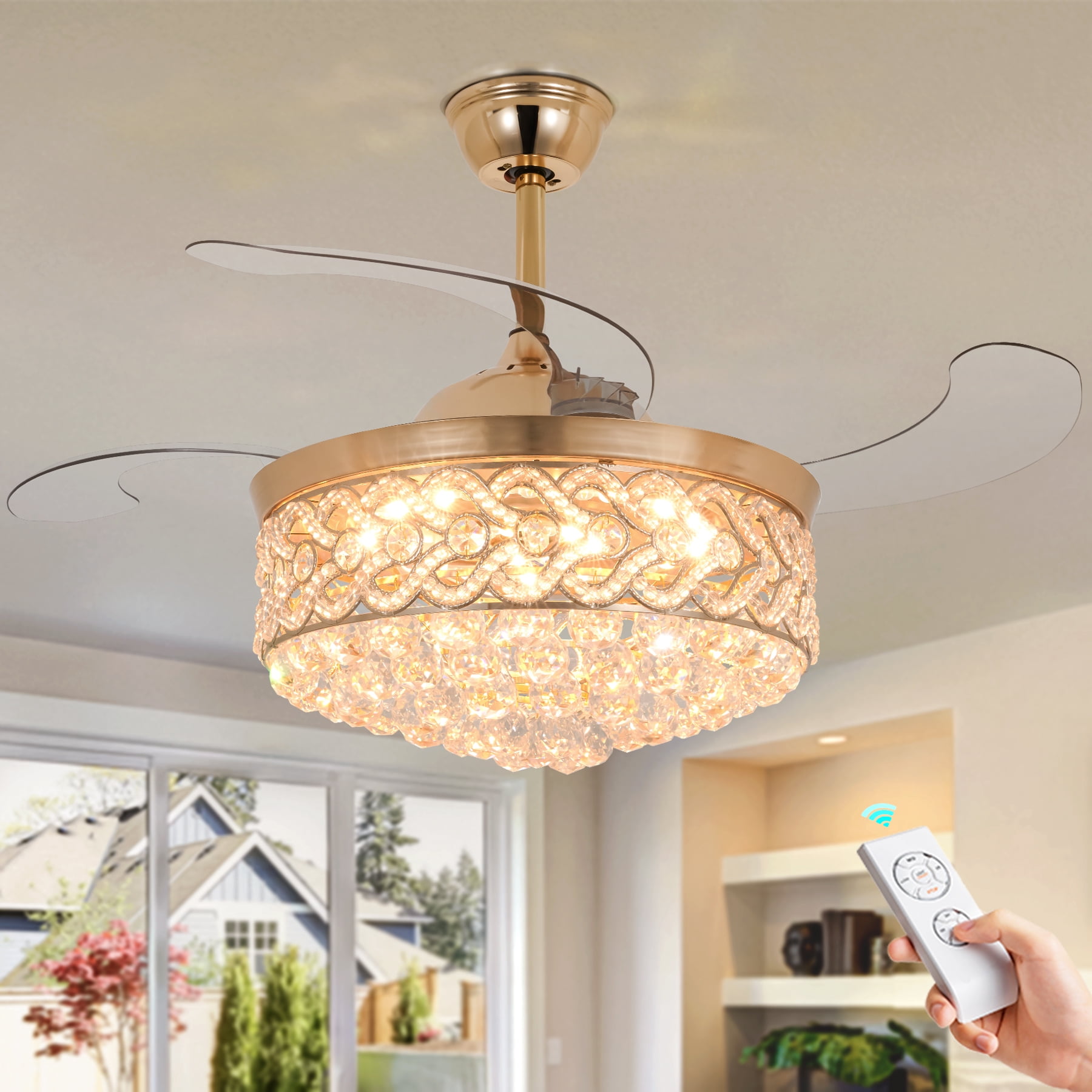 20" Gold Crystal Fandelier Ceiling Fan With Light - Chandelier Style Fan For Bedroom Or Dining Room