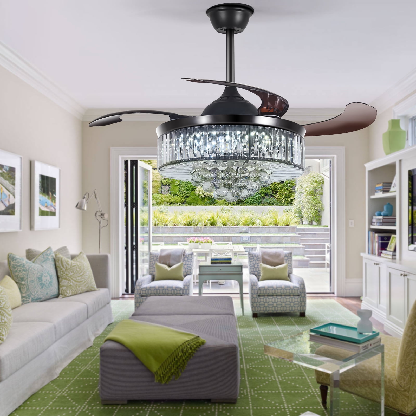 30 Inch Retractable Blade Fandelier - Dimmable Crystal Chandelier Fan With APP/Remote Control