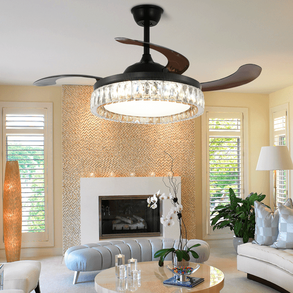 KPIBEST 42 Inch Black ABS Ceiling Fan with Light Remote, Retractable Ceiling Fan with 3-Color LED Light, 6 Speeds Chandelier Reversing Function