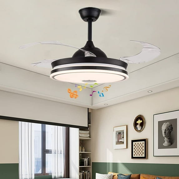 KPIBEST 42 Inch Bluetooth Retractable Ceiling Fans,Modern 7 Color Dimmable Lighting Fixture Fandalier,Black LED Chandelier for Living Room, Kitchen, Dining Room, Bedroom