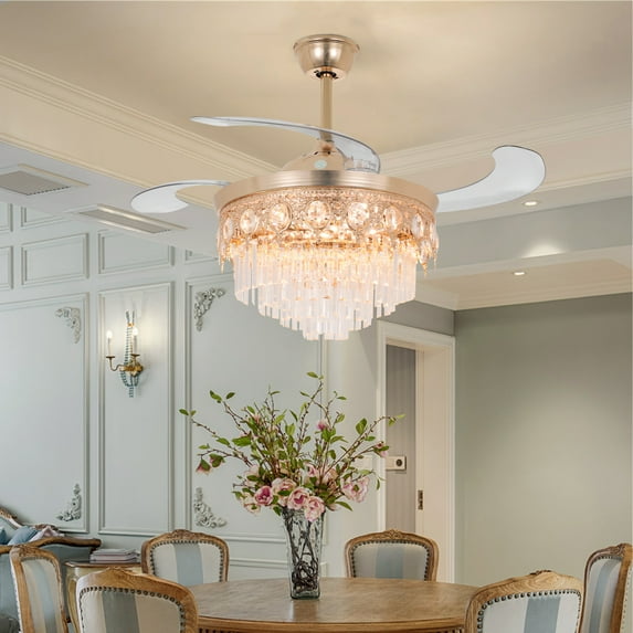KPIBEST 42 Inch Luxury Crystal Ceiling Fan with Light and Remote Control, Crystal Chandelier with Fan Retractable 6-Speed