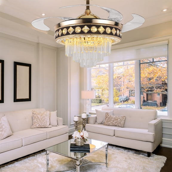 KPIBEST 42" Invisible LED Ceiling Fan Light Crystal Retractable Chandelier Lamp Remote Reversing 6 Speed