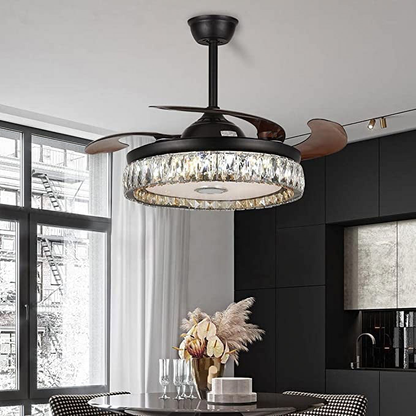 42" Modern Chandelier Ceiling Fan With Lights & Bluetooth Speaker - Retractable Blades, 7 Colors, 6 Speeds, Remote