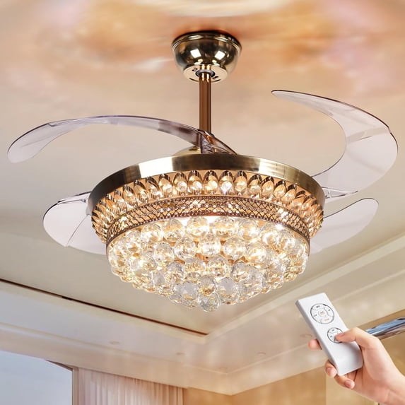 KPIBEST 42 inch Retractable Ceiling Fan Light with Remote Control French Gold Finish Fixtures, Modern Europe Luxury Crystal Chandelier Fans with 3 Lights Changes for Bedroom Living Room Restaurant