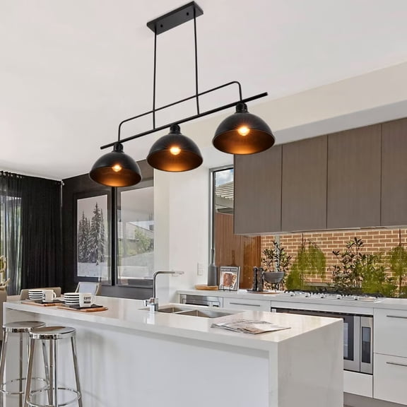 KPIBEST 43" 3-Light Modern Industrial Kitchen Island Light, Linear Living   Room Pendant, Metal Black Finish