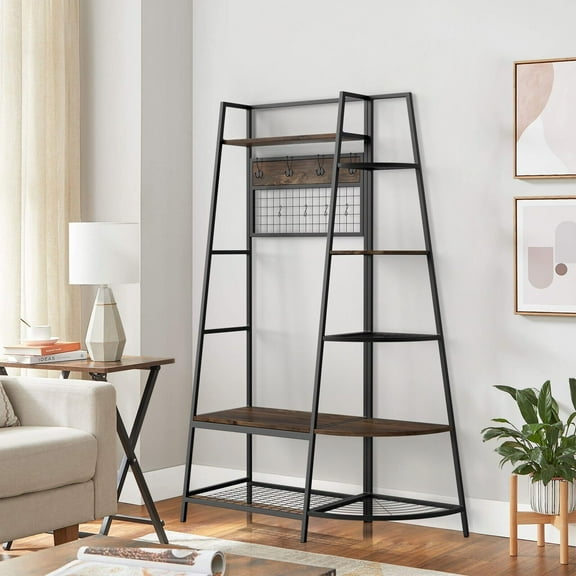 KPIBEST 5-Tier Ladder Shelf Industrial Style Shelf, Ladder Shelf Open Storage Rack Wood Ladder Shelf with Metal Frame, Freestanding Ladder Shelves for Home Office, Bedroom
