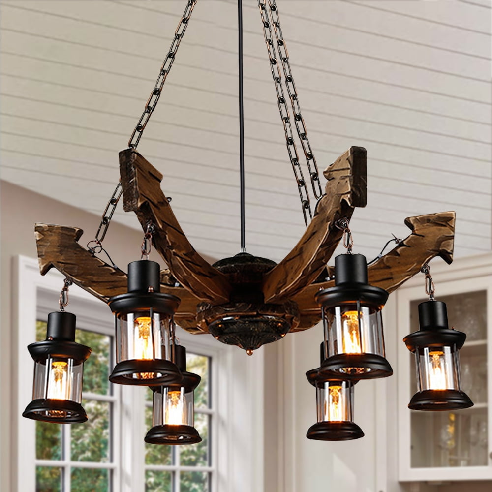 KPIBEST 6 Light Farmhouse Chandelier Pendant Lamp Rustic Wood Dining ...