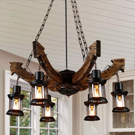 KPIBEST 6 Light Farmhouse Chandelier Pendant Lamp Rustic Wood Dining Room Ceiling Light Fixture Bar