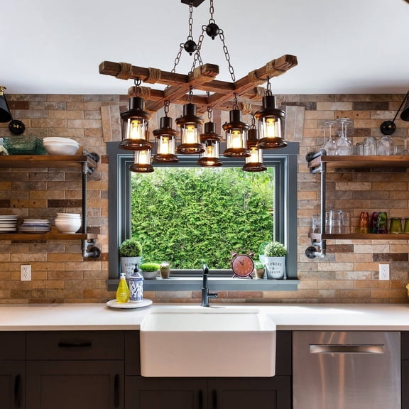 KPIBEST 8-Light Farmhouse Pendant Chandelier Farmhouse Wooden Hanging Island Lighting Fixture Retro Industrial for Kitchen Dining Room Bar Restaurant