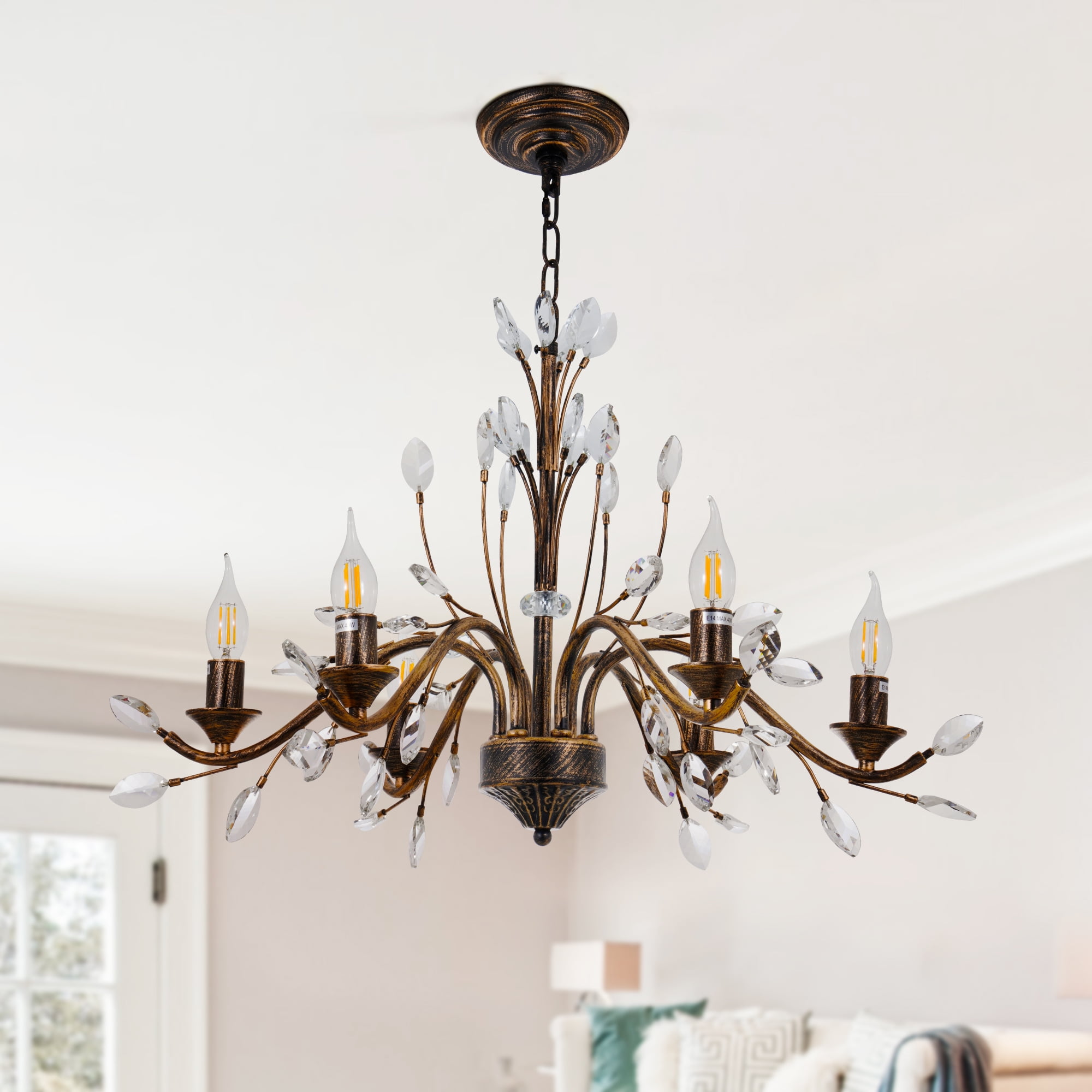 KPIBEST American Vintage Crystal Chandelier, K9 Crystal Candle Chandelier Fixture, Brushed Color 6 Light Chandelier