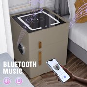 KPIBEST Bedside table with safe, LED lamp, wireless charger and Bluetooth speaker light brown