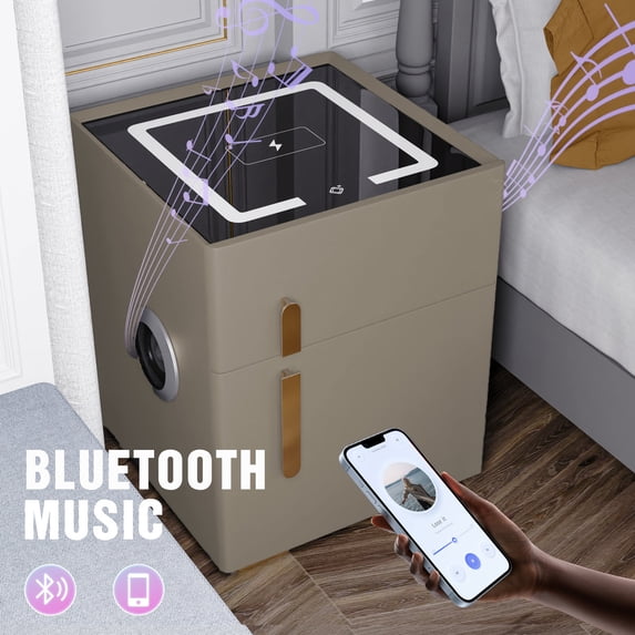 KPIBEST Bedside table with safe, LED lamp, wireless charger and Bluetooth speaker (light brown)