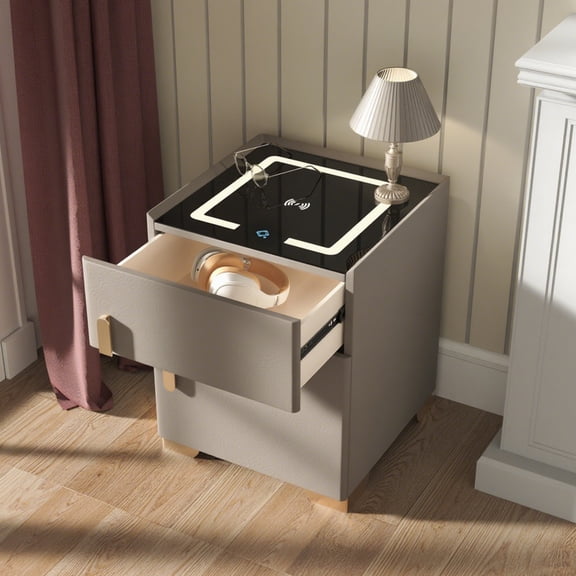 KPIBEST Bedside table with safe, LED light and wireless charging (light brown)