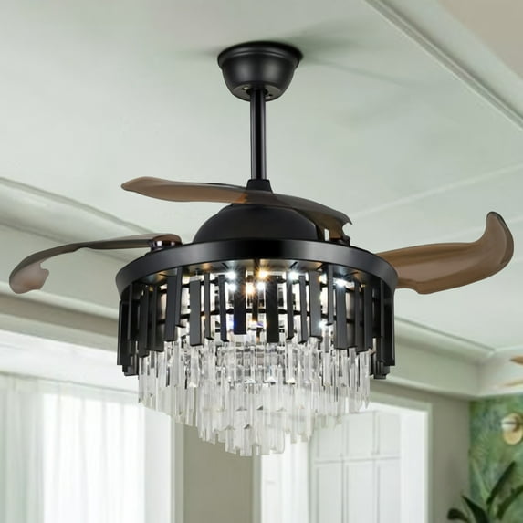 KPIBEST 42" A Grade Matt Black Plating Modern Crystal Retractable Chandelier Ceiling Fan