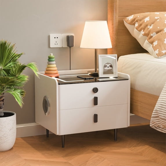 KPIBEST LED Nightstand with Fingerprint lock Drawer, Modern Beside Table with Charging Station, Bluetooth Speaker Night Stand with USB Port for Bedroom