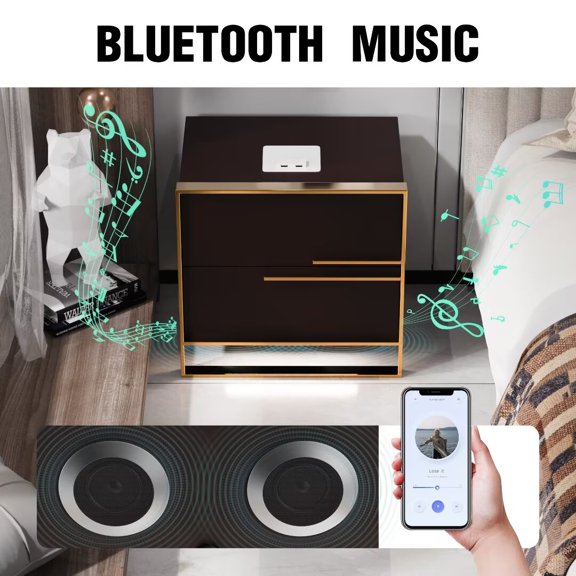 KPIBEST Luxury Smart Double Drawer Nightstand, Scandinavian, Bedroom Sensor Light, Wireless Charging