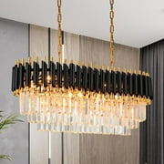 KPIBEST Modern 31.5” Crystal Ceiling Pendant Light Fixtures Black and Gold for Dining Room 3-Tier K9 Luxury Chandelier Adjustable Chain