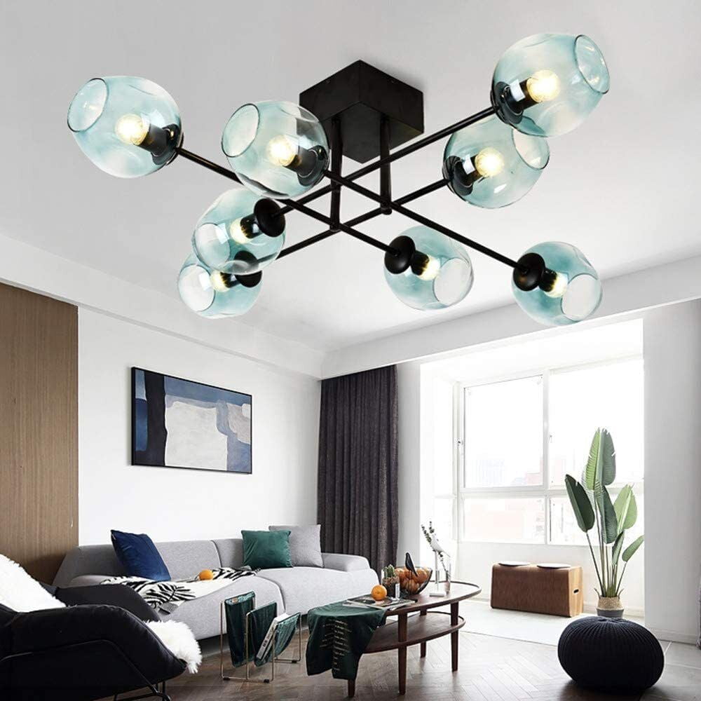 KPIBEST Modern 8 Lights Globe Sputnik Chandelier Black Blue Glass Ball Chandelier Flush Mount