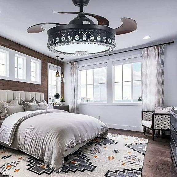 KPIBEST Modern Black Ceiling Fans with Lights Remote Control, Smart Bluetooth Crystal Chandelier Fan, 42Retractable Dimmable RGB Colors, Music Speaker for Patio Dining Bedroom