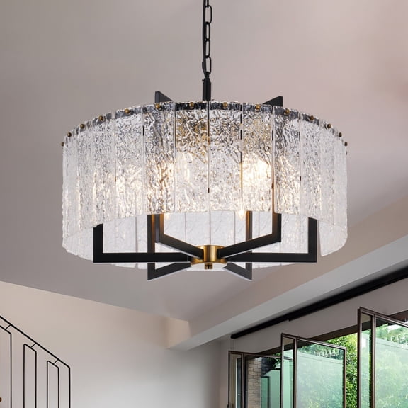 KPIBEST Modern Black Crystal Chandeliers for Dining Room, Luxury Water Ripple Glass Light Fixture, Elegant Farmhouse Round Lighting for Kitchen Island, Bar Table