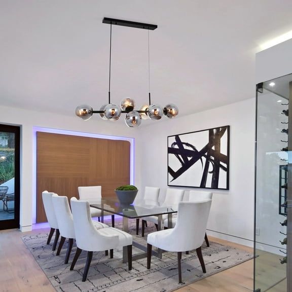 KPIBEST Modern Black Linear Chandelier Pendant Light 8-Lights Glass Pendant Lighting Mid Century Globe Dining Light Fixture for Living Room Kitchen