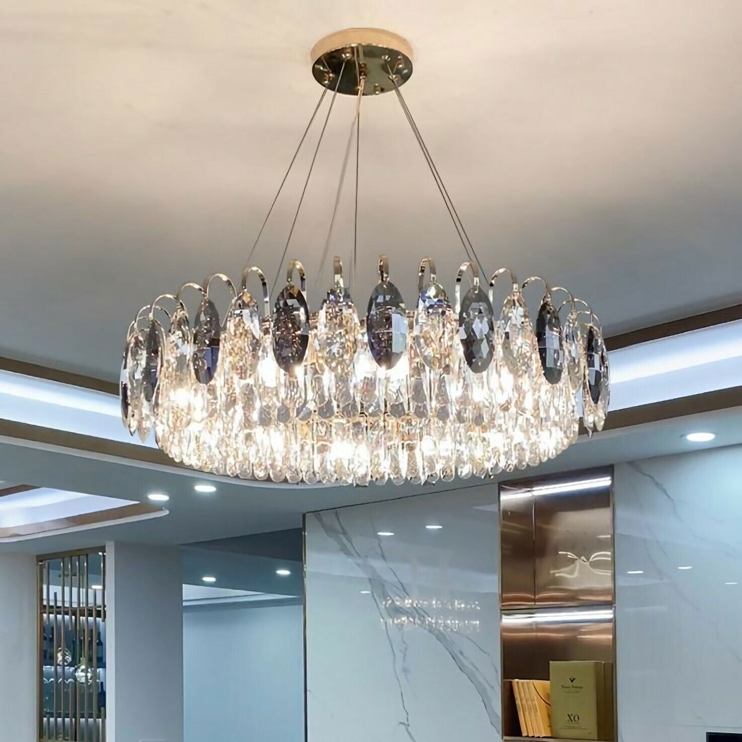 KPIBEST Modern Crystal Chandelier, 3Tier Crystal Pendant Lighting Fixture Bronze Round