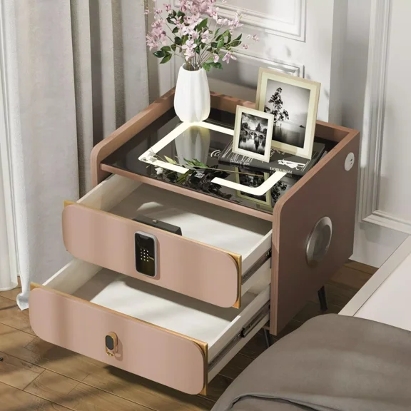 KPIBEST Modern Double Drawer Nightstand with LED Light, Bluetooth Player, Wireless Charging, Password Lock Drawer