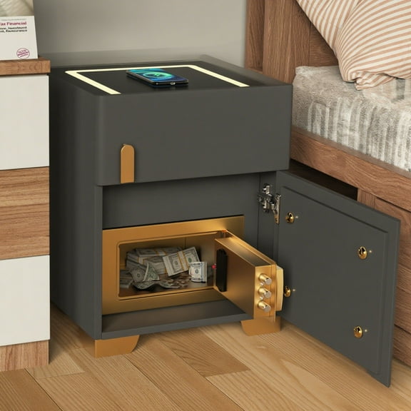 KPIBEST Nightstand with Safe Box and LED Lights and Wireless ChargeDark Gray