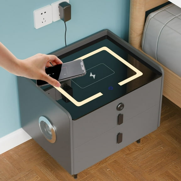 KPIBEST Nightstand with Wireless Charging Station,USB Port ,Bluetooth and LED Lights, Modern End Side Table with Fingerprint lock