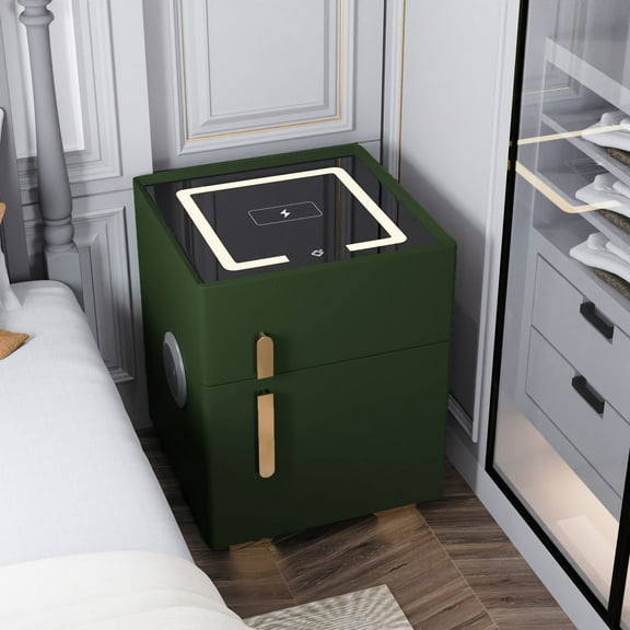 KPIBEST Nightstand with safe, LED light, wireless charging and Bluetooth speaker (dark green)