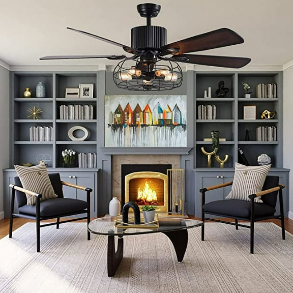 KPIBEST Retro Industrial Ceiling Fan , 5 Light Base and 5 Wooden Blade, 52" Reversible Chandelier Ceiling Fans for Farmhouse Living Room Bedroom Restaurant Rustic Style