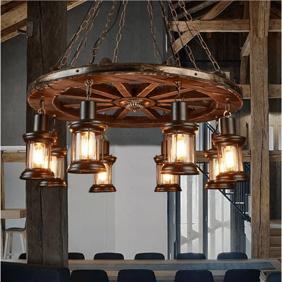 KPIBEST Retro Rustic Wood Chandelier Pendant Light Industrial Bar Ceiling Lights Lamp
