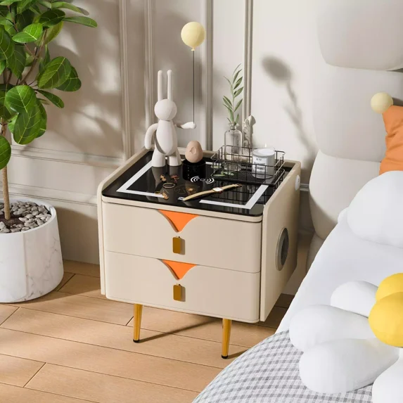 KPIBEST Smart Double Drawer Nightstand with Touch LED Light Tempered Glass Panel Wireless Charging Station