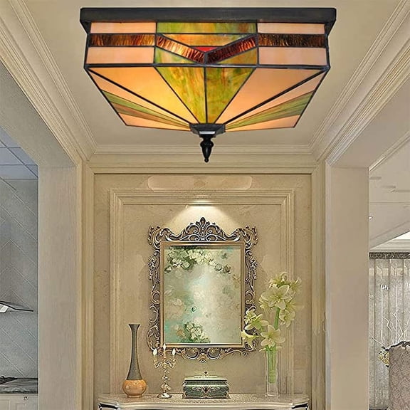 KPIBEST Stained Glass Flush Mount Ceiling Light Square Tiffany Traditional Ceiling Lamp 16 Inch 4 Lights Mission Inverted LED Pandent Lighting for Home Bar Restaurant Hotel Cafe, Multicolor