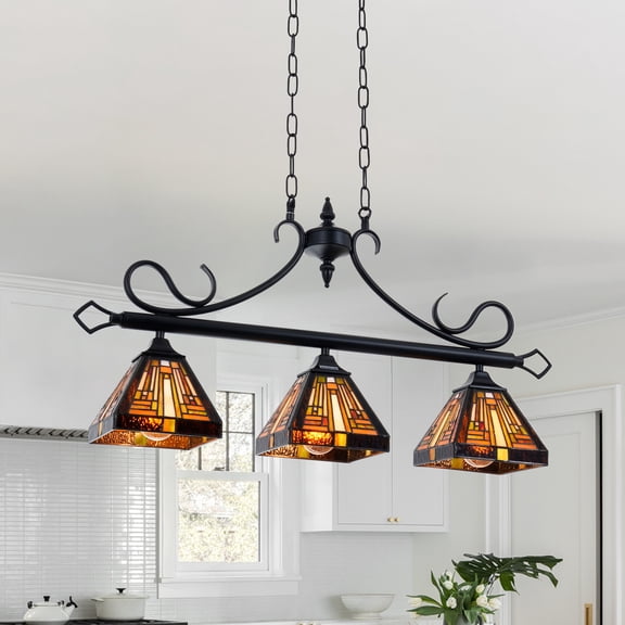 KPIBEST Tiffany Pool Table Lights 3-Light Hanging Chandelier Light Fixture, Victorian Pendant Lighting Decor for Dining Room Kitchen Island Dining Gameroom Bars