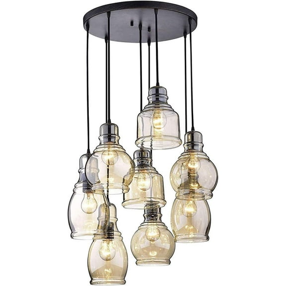 KPIBEST Vintage 8-Lights Island Cognac Glass Cluster Pendant Chandelier Antique Black Finish Glass Ceiling Lights for Dining Room Living