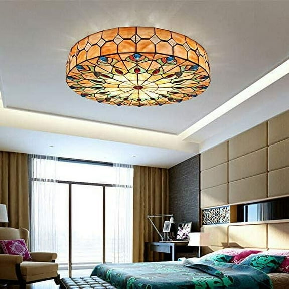 KPIBEST Vintage Tiffany Peacock Tail Painting Shade Ceiling Light,Hand-Made LED Colorful Chandelier, Remote Flush Mount Lighting Fixture, Chandeliers for Dining room,Bedrooms(20 Inch)