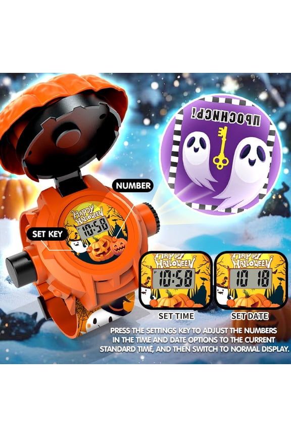 Pumpkin Decorations,Halloween Projection Electronic LED Watch | 24 Image Display | Adjustable Wrist Strap,Halloween Decor