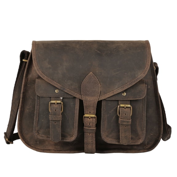 14-Inch Genuine Buffalo Leather Shoulder Bag – Distressed Tan Crossbody Satchel Tote Purse for Women