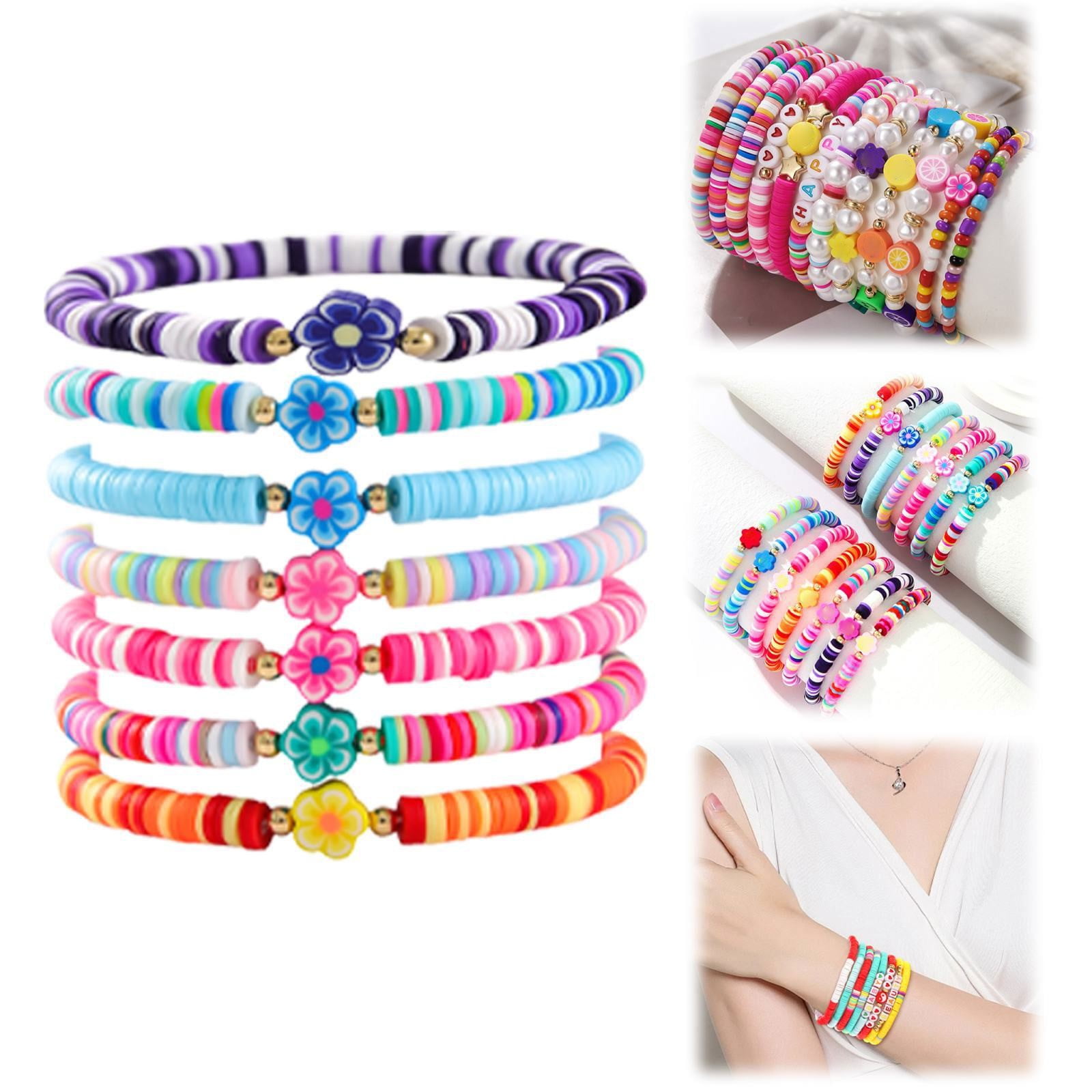 GOVSONE 7Pcs Heishi Surfer Bracelets Preppy Happy Smile GOVSONE 7Pcs Heishi Surfer Bracelets Preppy Happy Smile