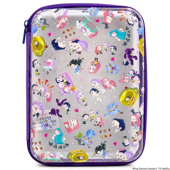 Netflix KPop Demon Hunters Chibi-Style Clear PVC Pencil Case with Purple Trim