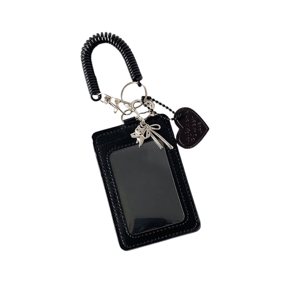 PU Leather Card Holder with Keychain, Black ID Badge Holder for Work, Travel Card Case for Transit Passes, Office Accessory