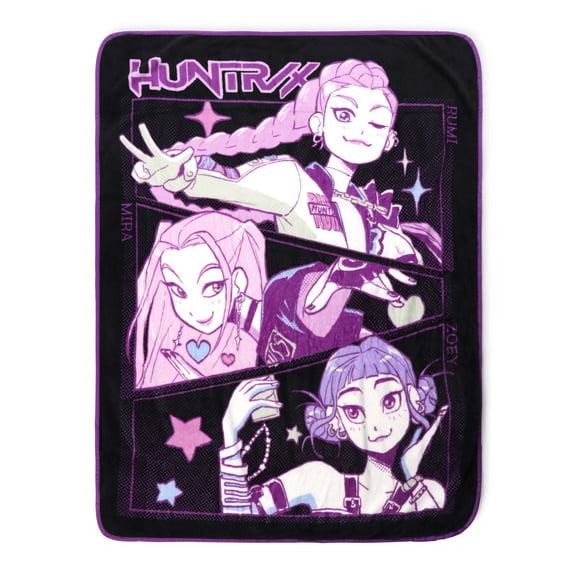 KPOP Demon Hunters Huntrix Pop Stars Kids Throw Blanket, Black & Purple, Twin/Full Size 46"x 60"